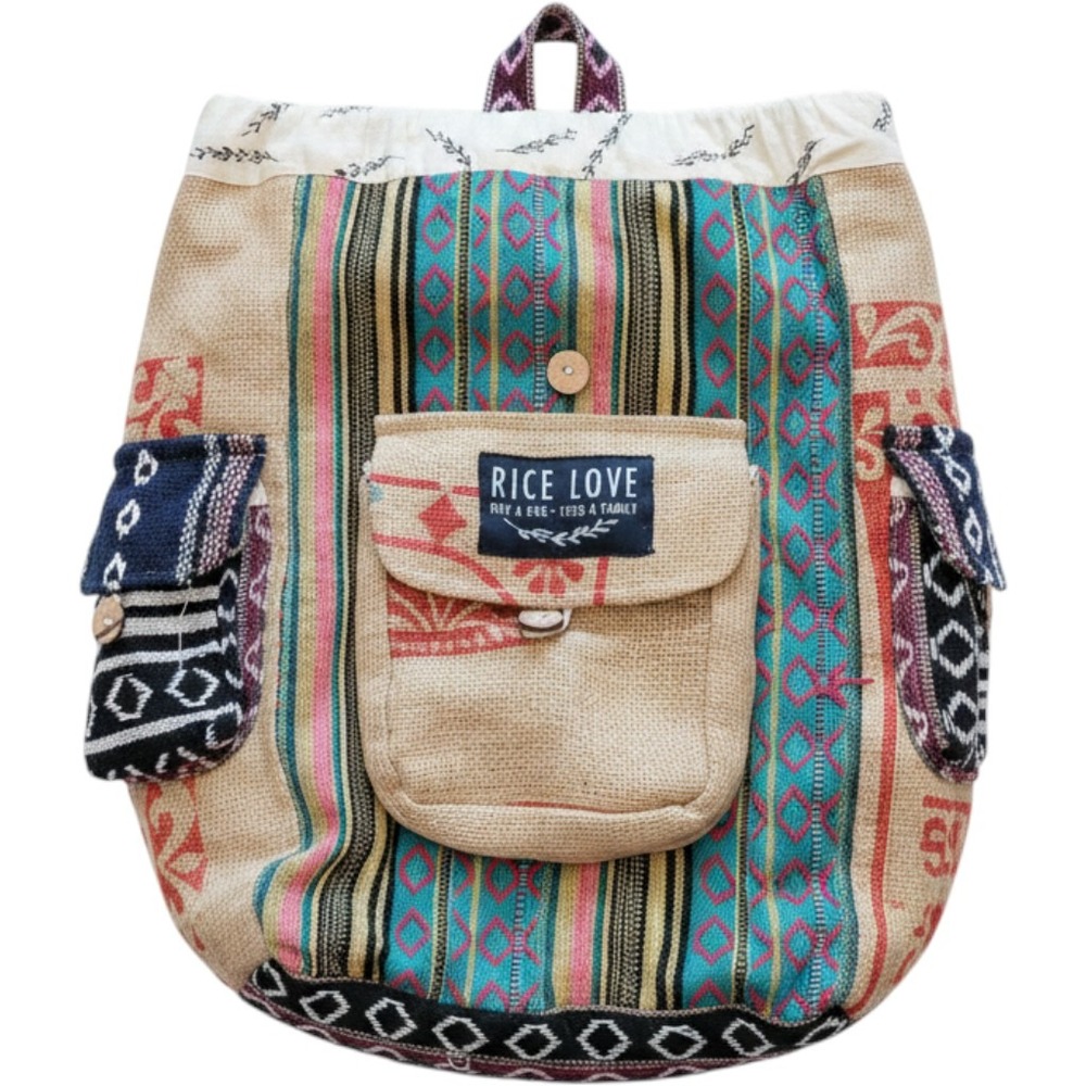 Rice Love Recycled Rice Bag Backpack Boho Tribal Woven‎ Upcycled Multi Color Bag